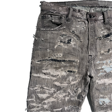 Load image into Gallery viewer, Grey distressed + hand repaired Ren denim
