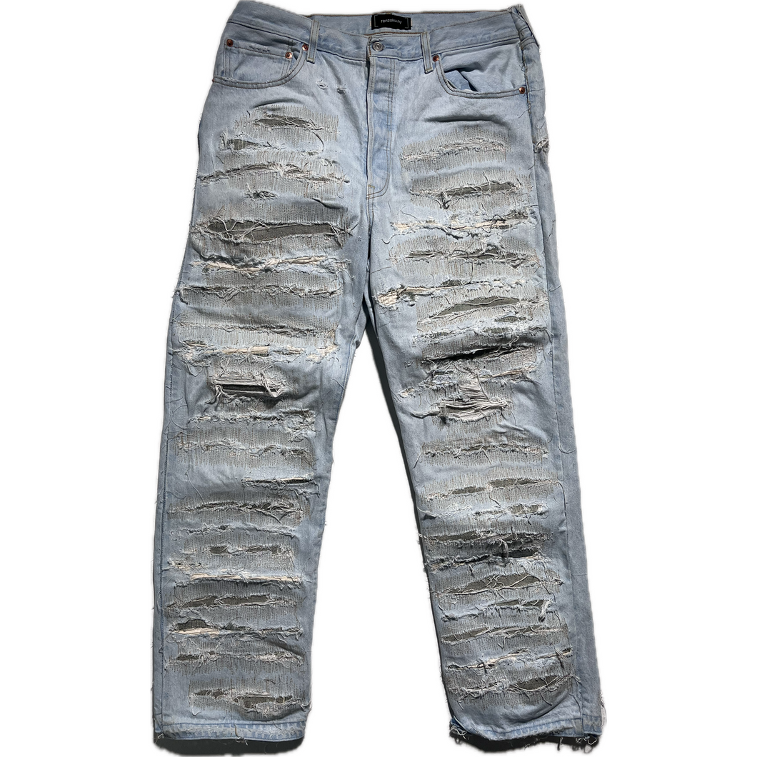 Light blue distressed + hand repaired Ren denim