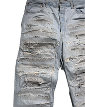 Load image into Gallery viewer, Light blue distressed + hand repaired Ren denim

