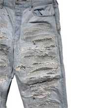 Load image into Gallery viewer, Light blue distressed + hand repaired Ren denim

