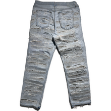Load image into Gallery viewer, Light blue distressed + hand repaired Ren denim
