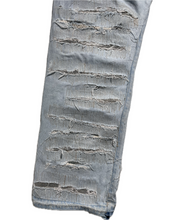 Load image into Gallery viewer, Light blue distressed + hand repaired Ren denim
